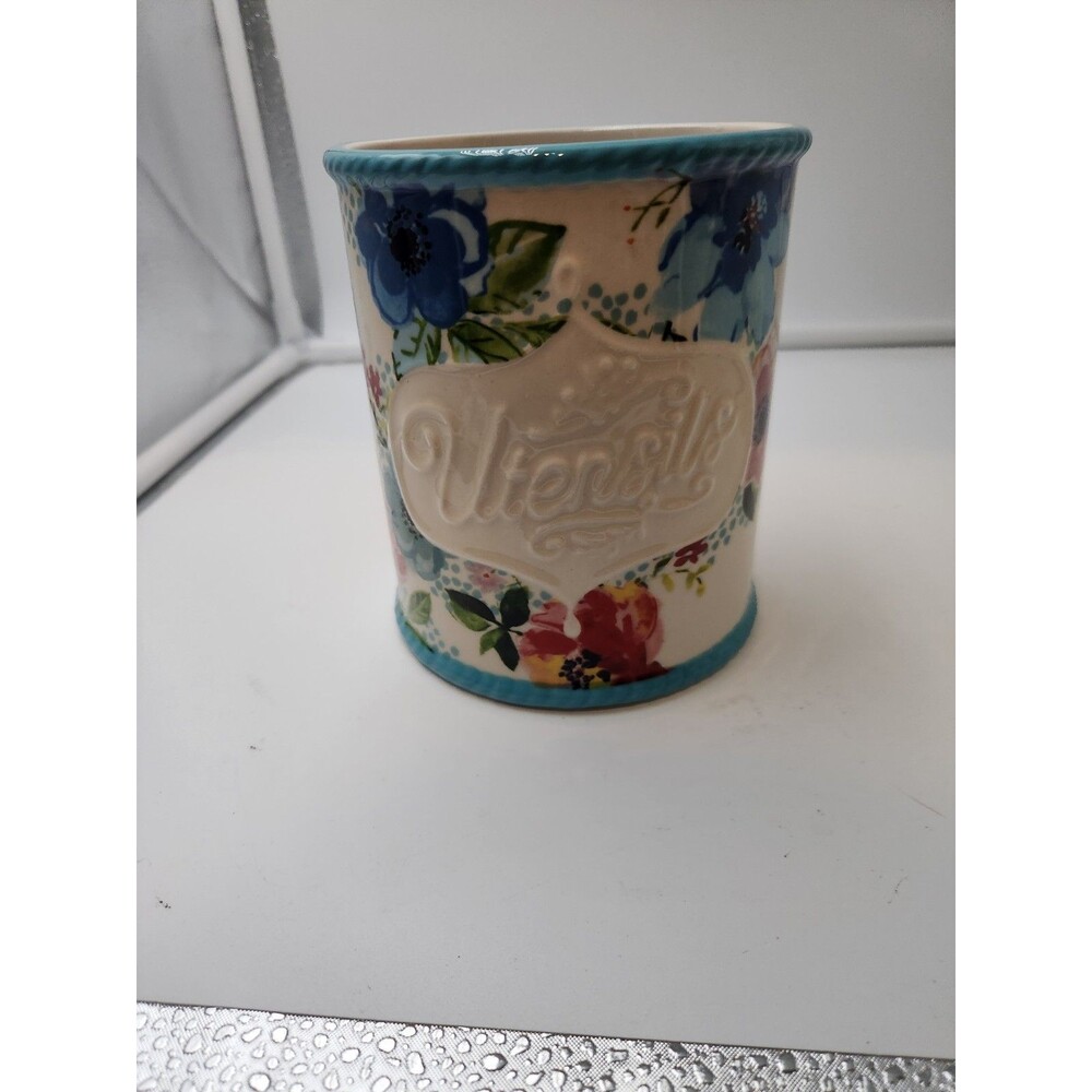 The Pioneer Woman Melody Stoneware Utensil Holder Crock Turquoise Blue Floral